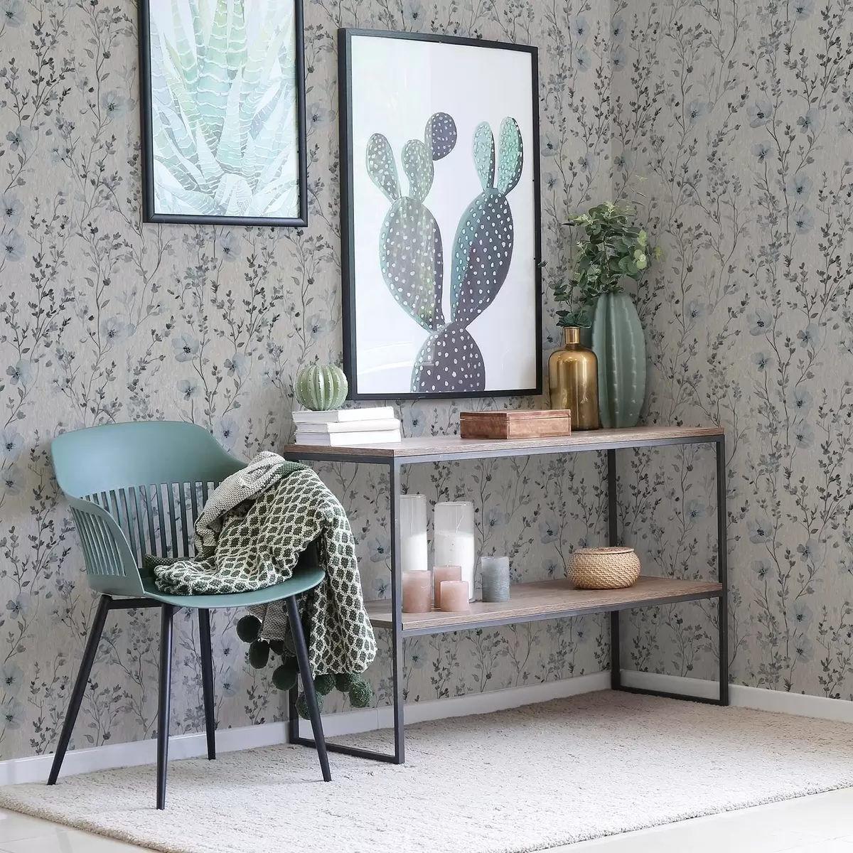 Tapetes Zila un pelēka akvareļa floristika uz neitrāla fona a00198