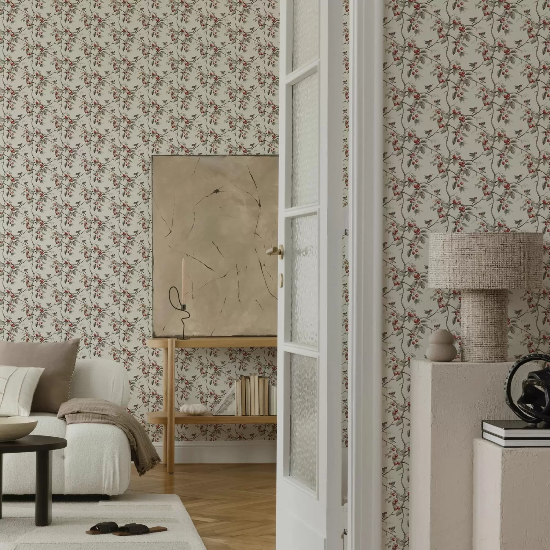 Fototapetes Putni starp ķiršu zariem ar sarkanām ogām a00206