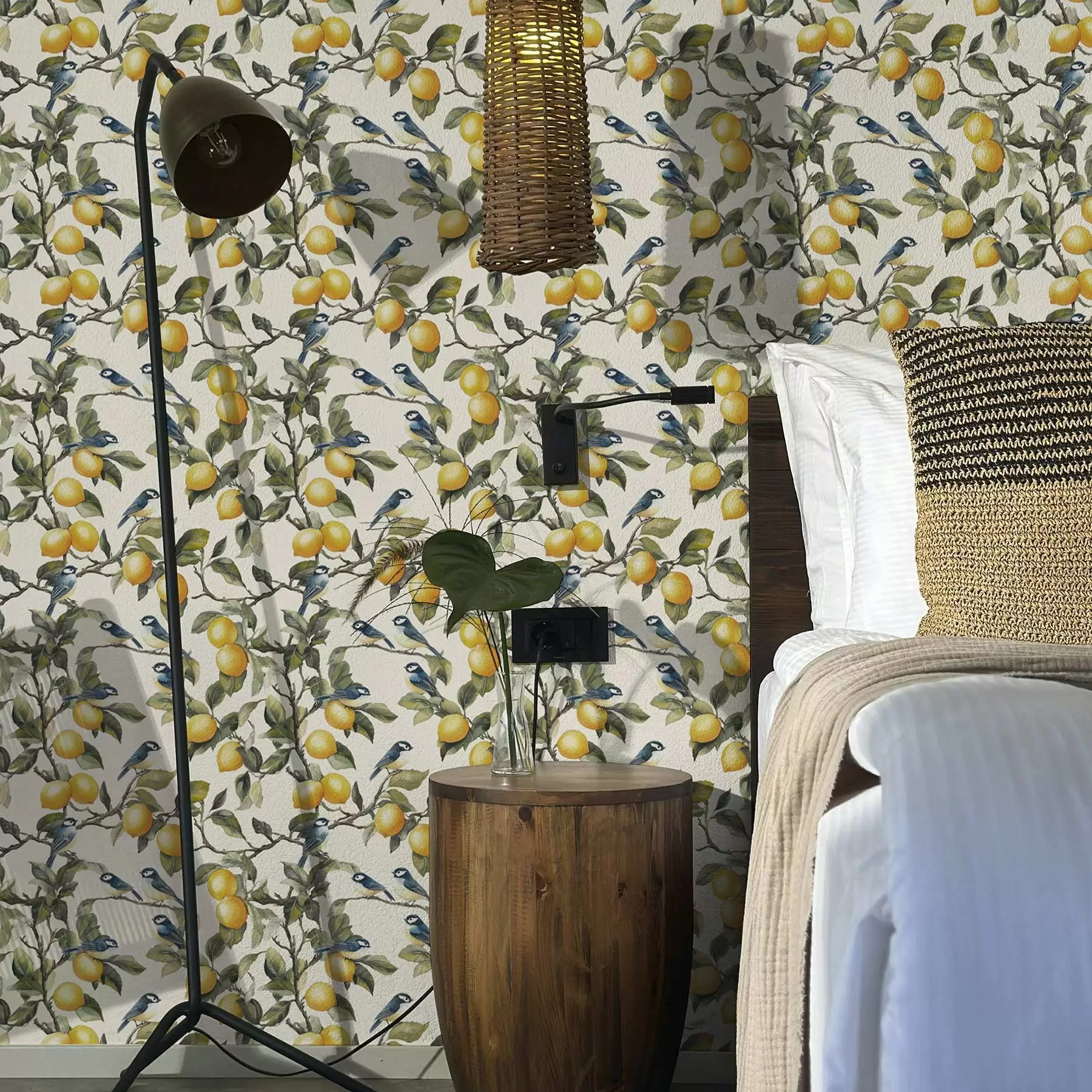 Fototapetes Putni un citroni uz zariem, akvareļu botāniskais zīmējums a00207