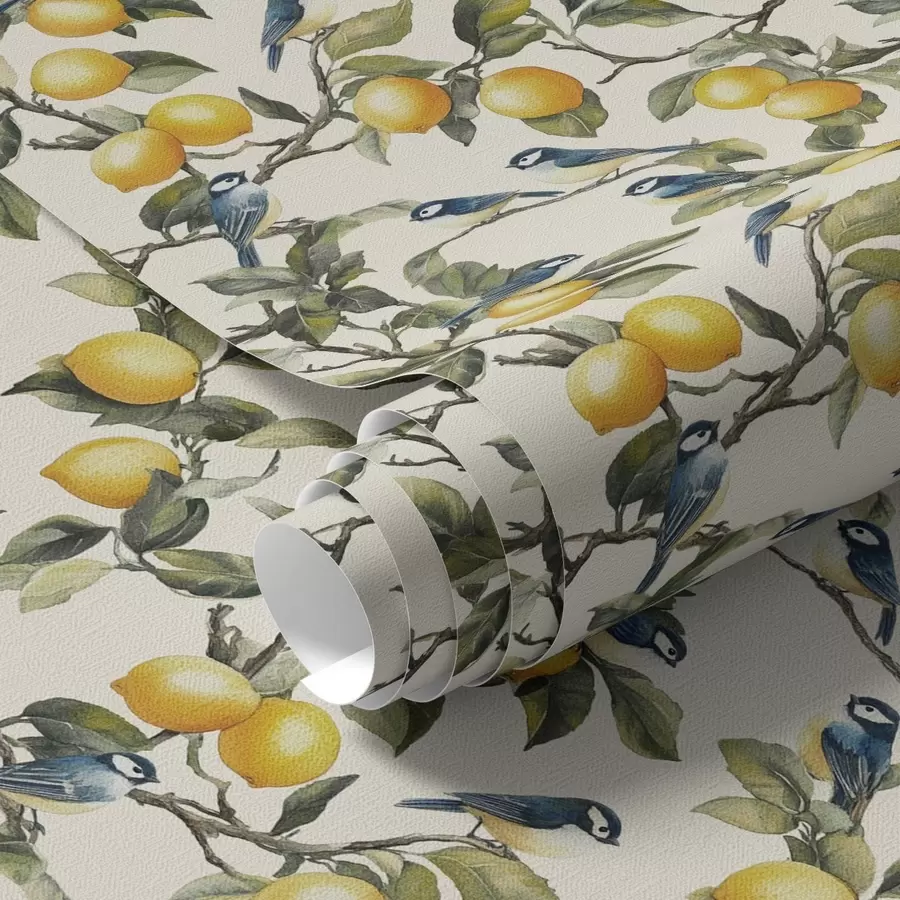 Fototapetes Putni un citroni uz zariem, akvareļu botāniskais zīmējums a00207