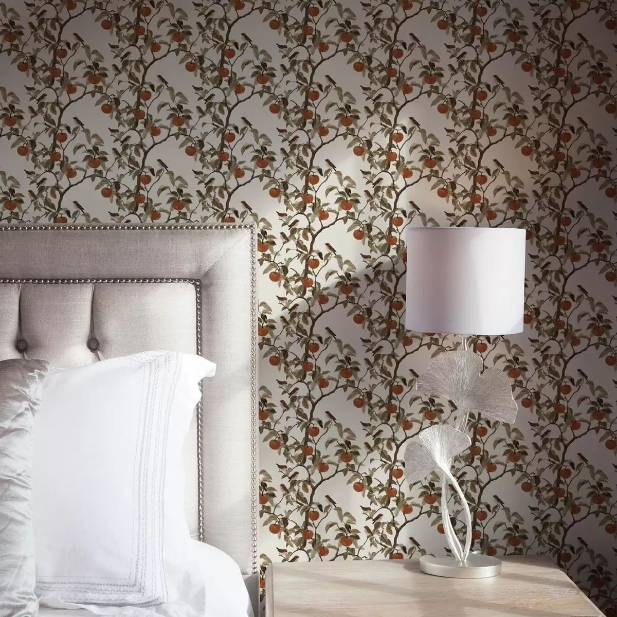 Tapetes Putni un apelsīni uz zariem, vintage botānika a00208