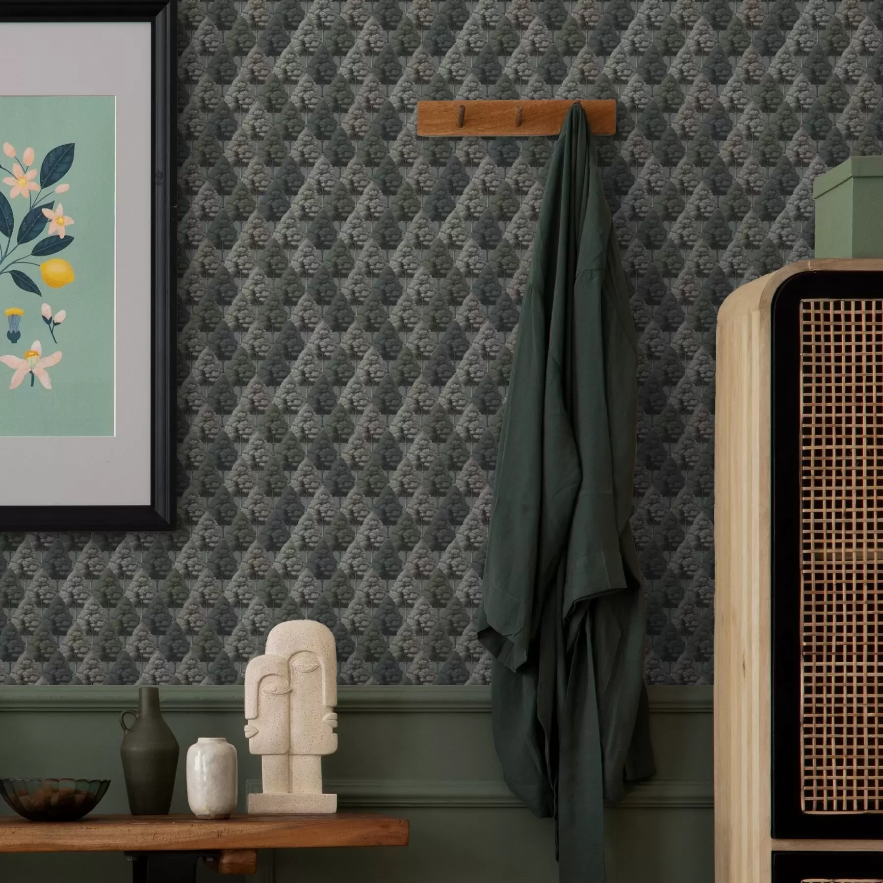 Fototapetes Ģeometriskais meža raksts ar kokiem zaļās krāsās a00209