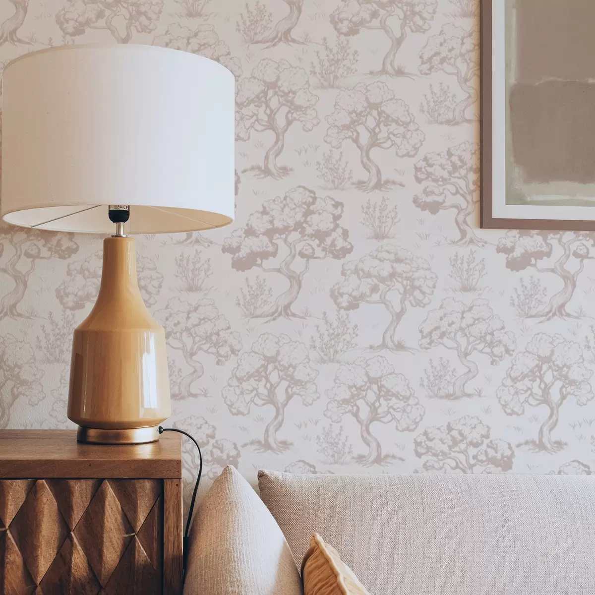 Tapetes Vienkrāsaini koku silueti vintage stilā, smilškrāsu krāsu shēma a00210