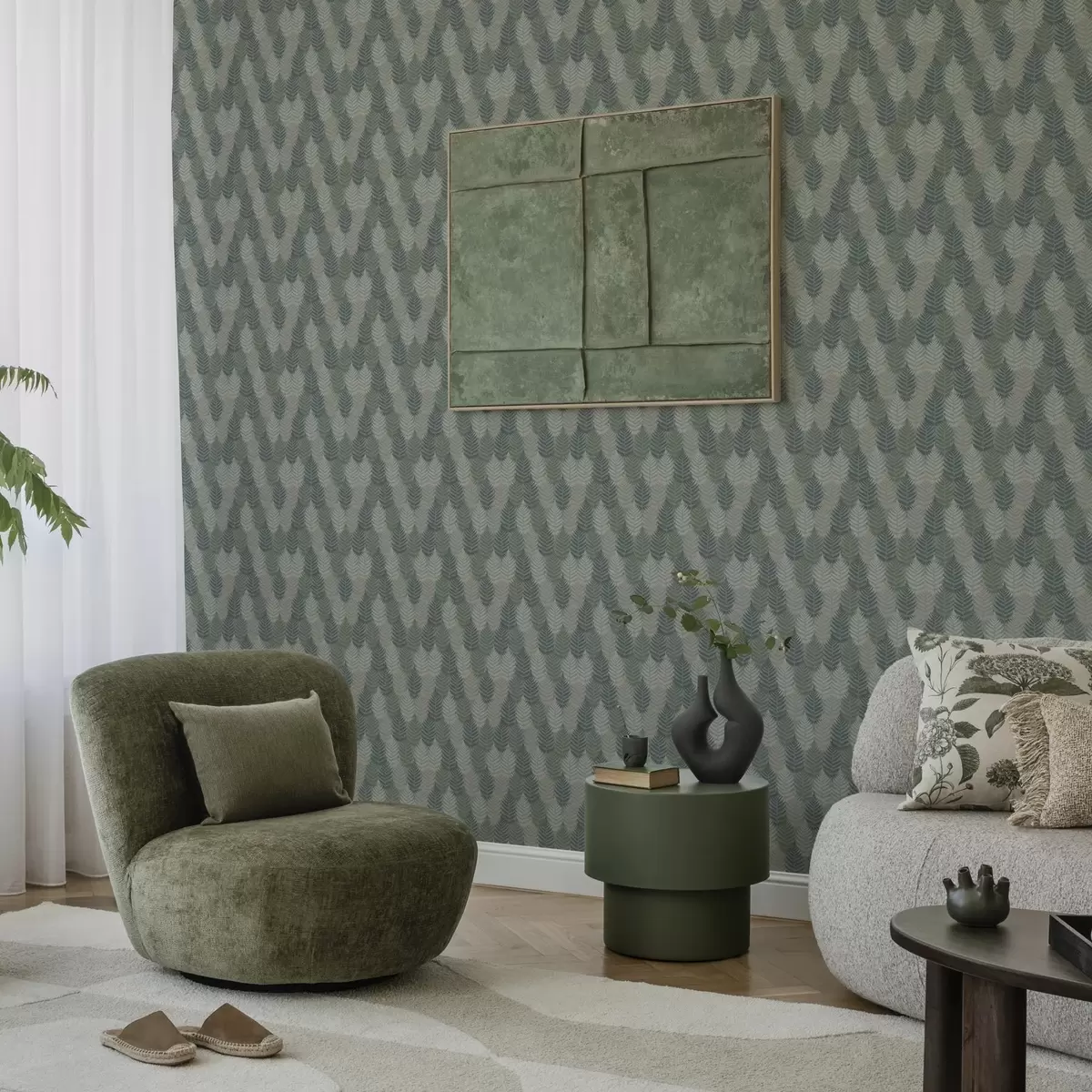 Tapetes Papardes lapas, ģeometriskais raksts, zaļa un zila krāsa a00211