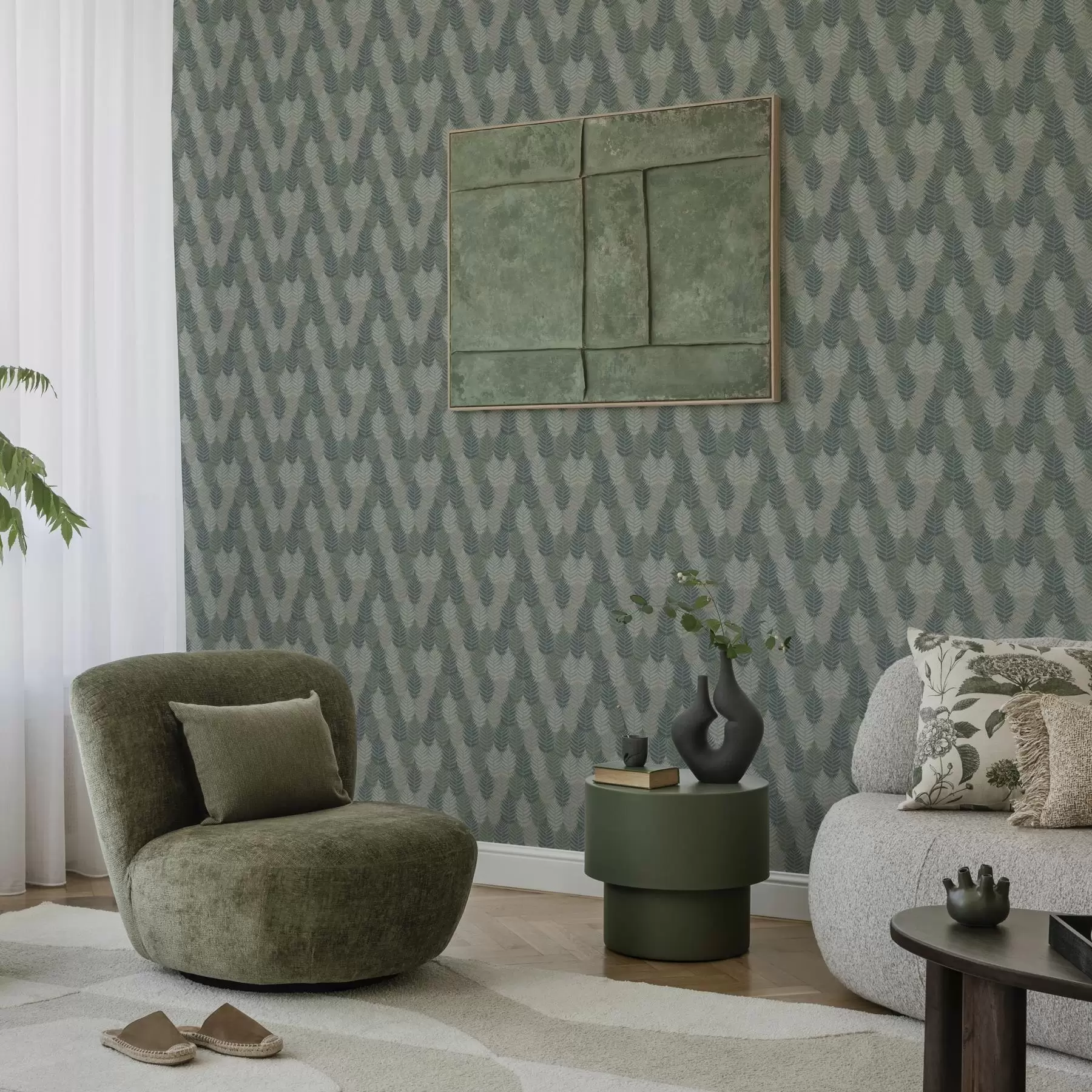 Fototapetes Papardes lapas, ģeometriskais raksts, zaļa un zila krāsa a00211