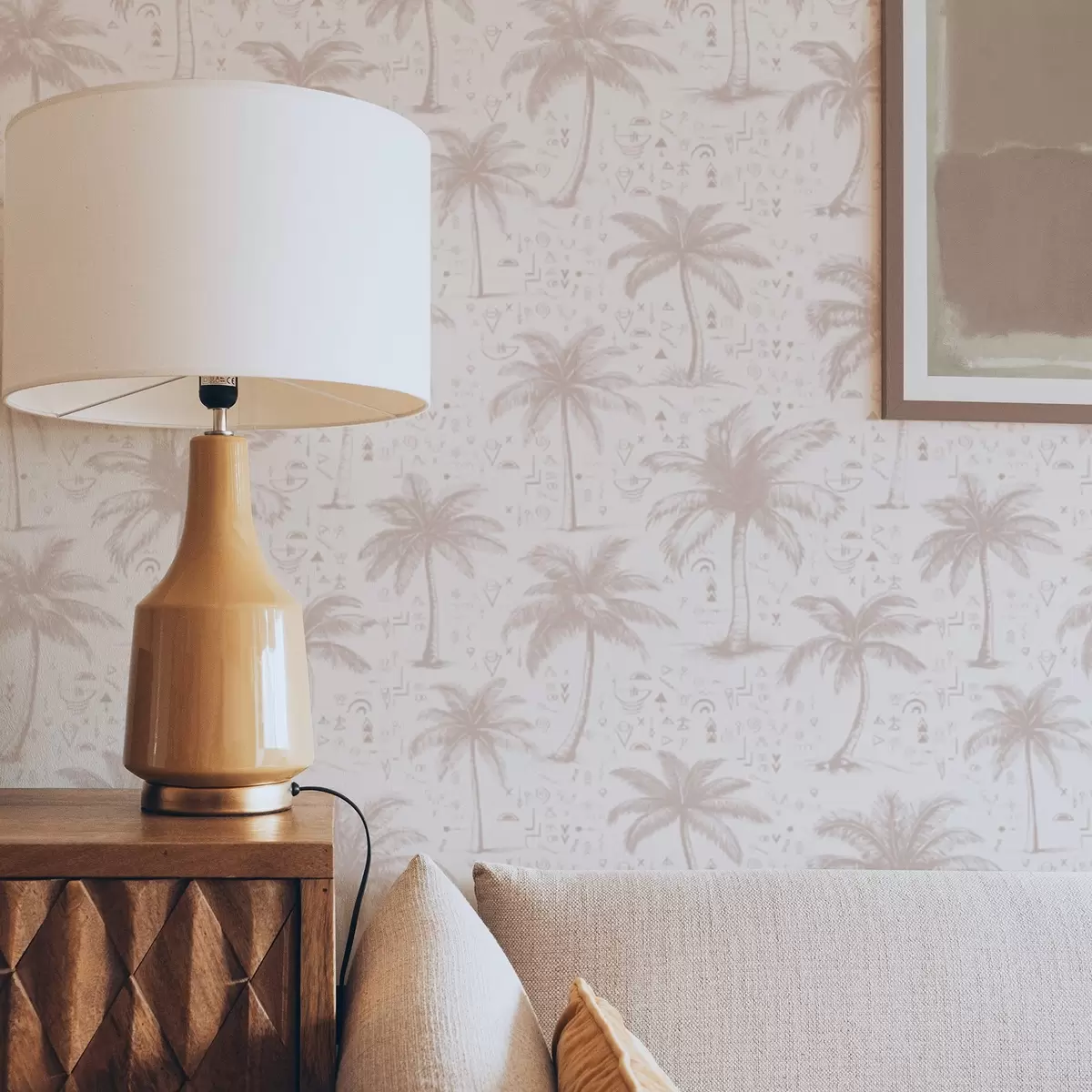 Tapetes Palmas ar etniskiem simboliem, pasteļrozā tonī a00213