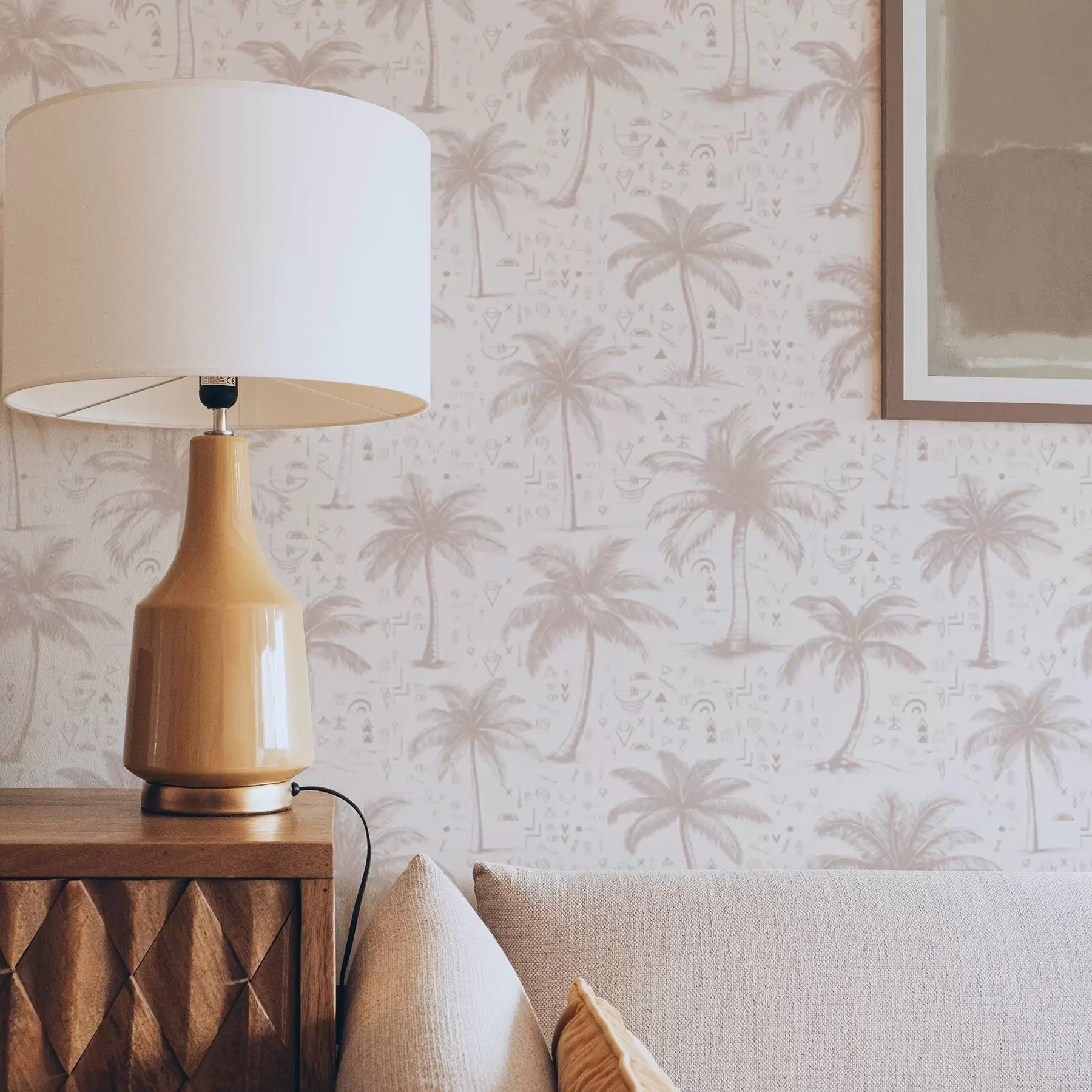 Fototapetes Palmas ar etniskiem simboliem, pasteļrozā tonī a00213