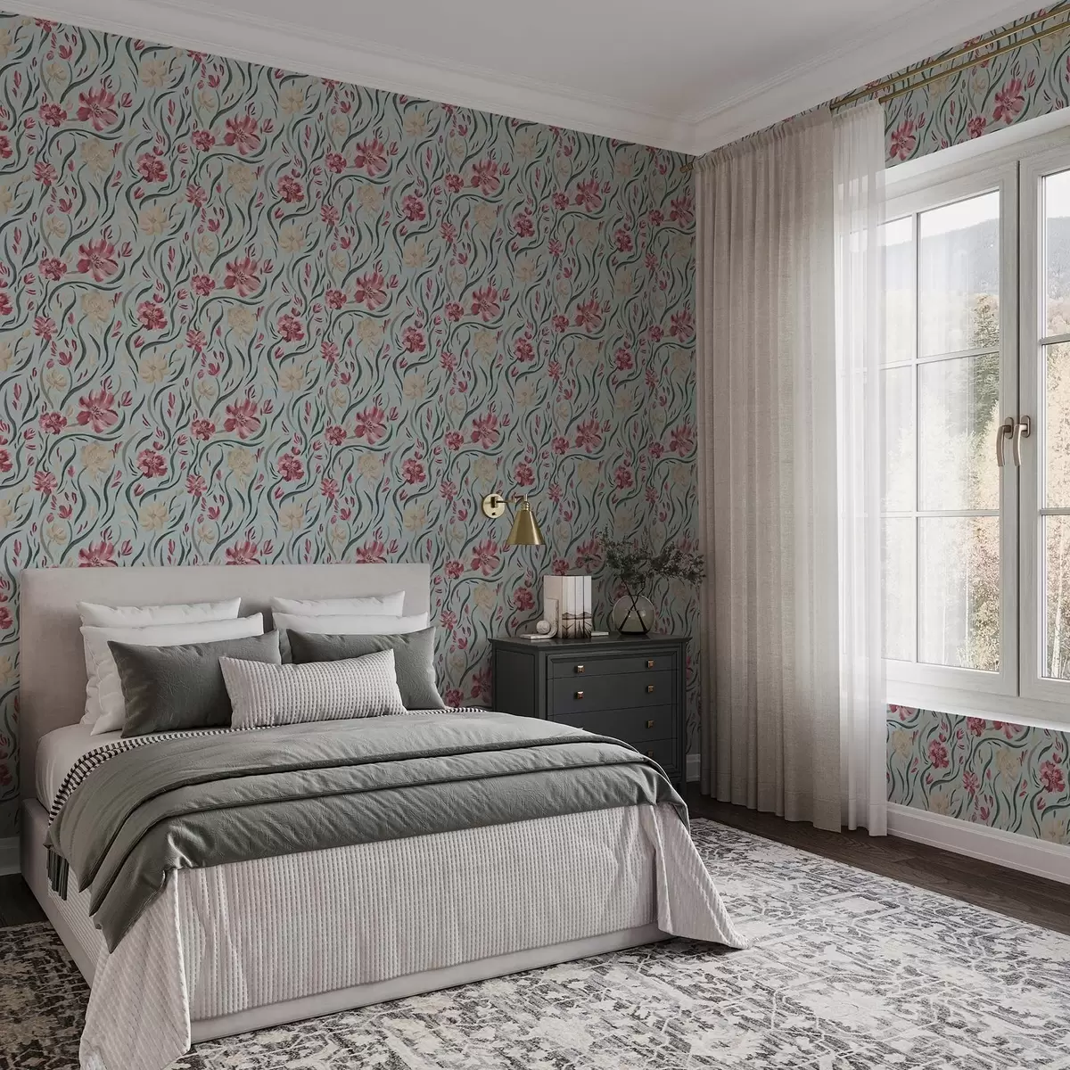 Tapetes Akvareļu ziedi uz zila fona, sarkans un bēšs raksts a00216