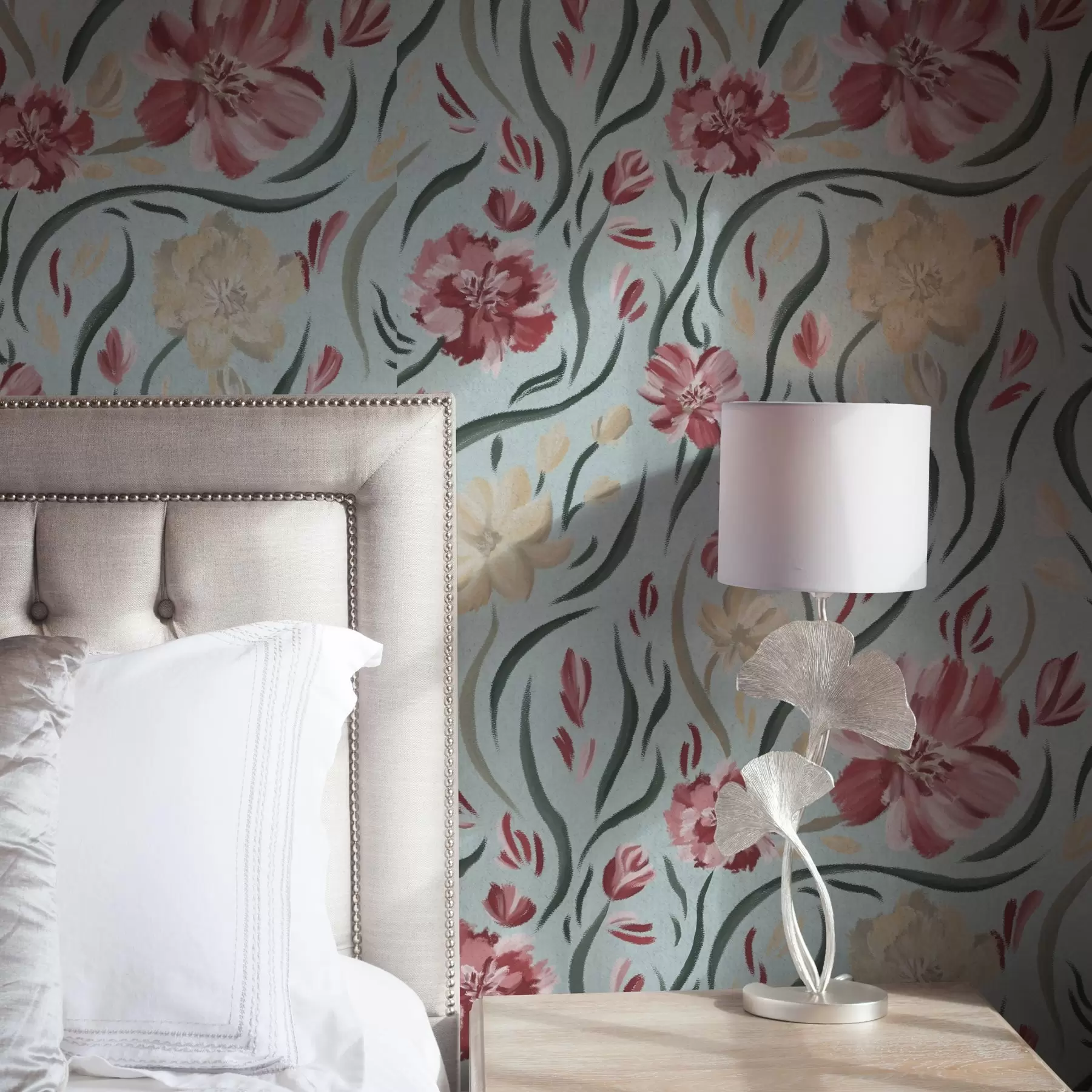 Fototapetes Akvareļu ziedi uz zila fona, sarkans un bēšs raksts a00216