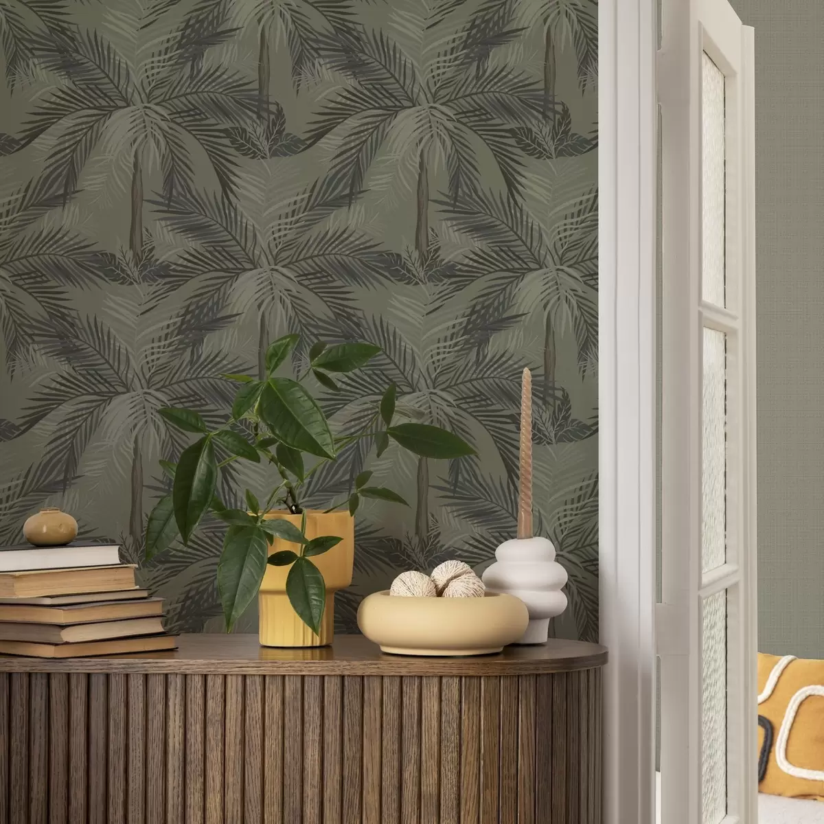 Tapetes Palmu lapas uz olīvu fona, džungļi, tropi a00217