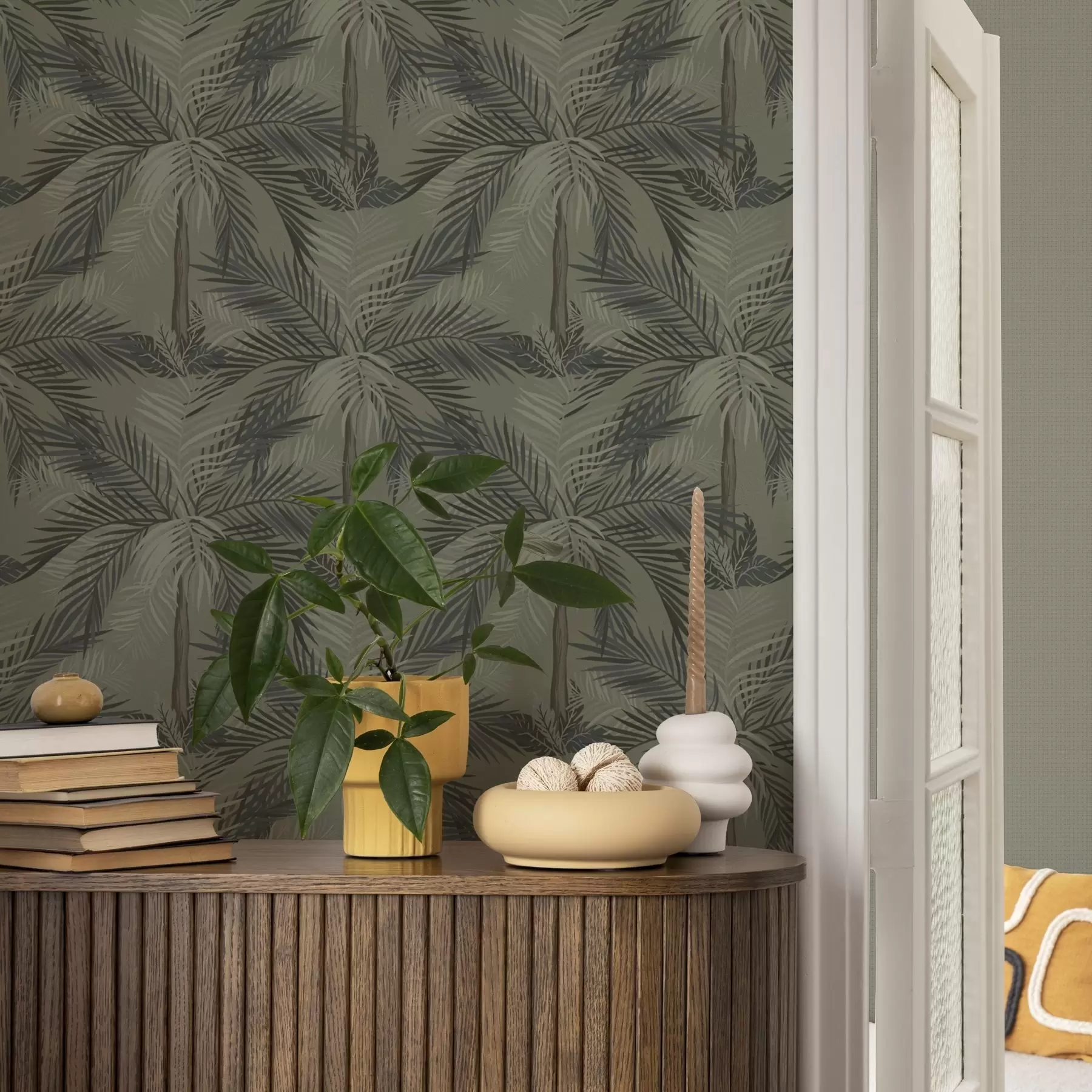 Fototapetes Palmu lapas uz olīvu fona, džungļi, tropi a00217