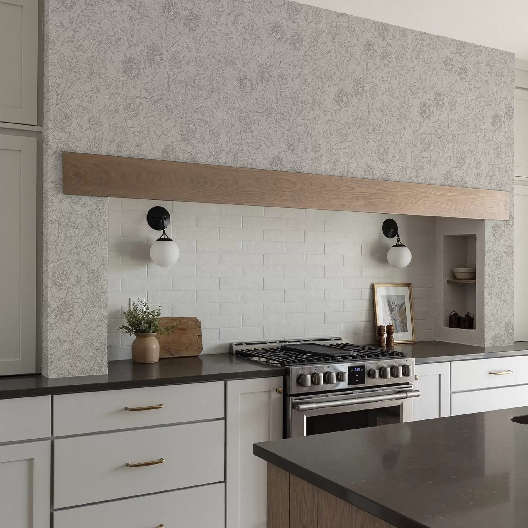 Fototapetes Kontūru ziedi uz krēmkrāsas fona, maigs ziedu raksts a00218