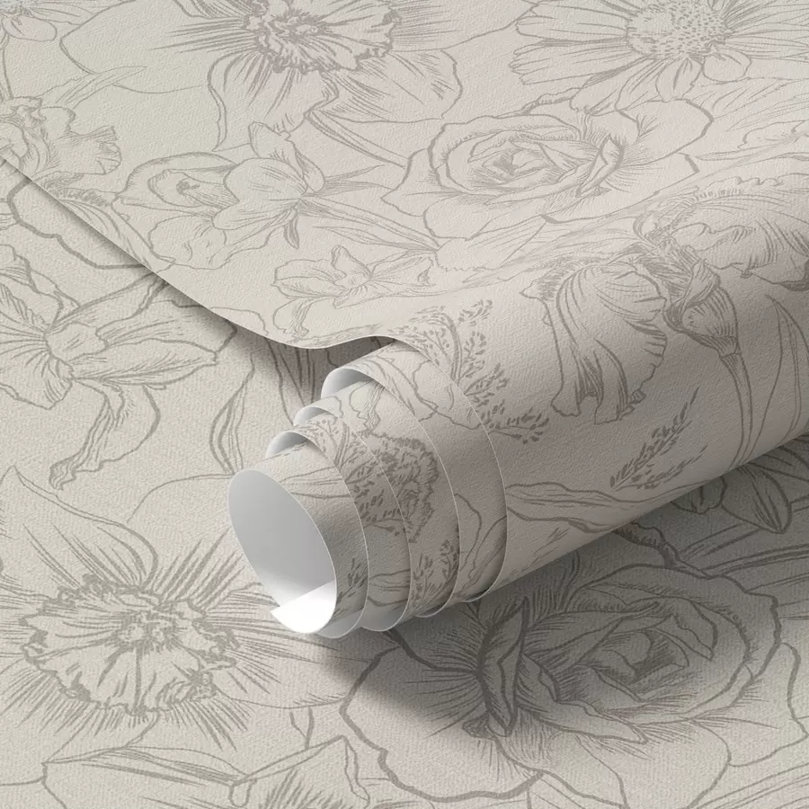 Fototapetes Kontūru ziedi uz krēmkrāsas fona, maigs ziedu raksts a00218