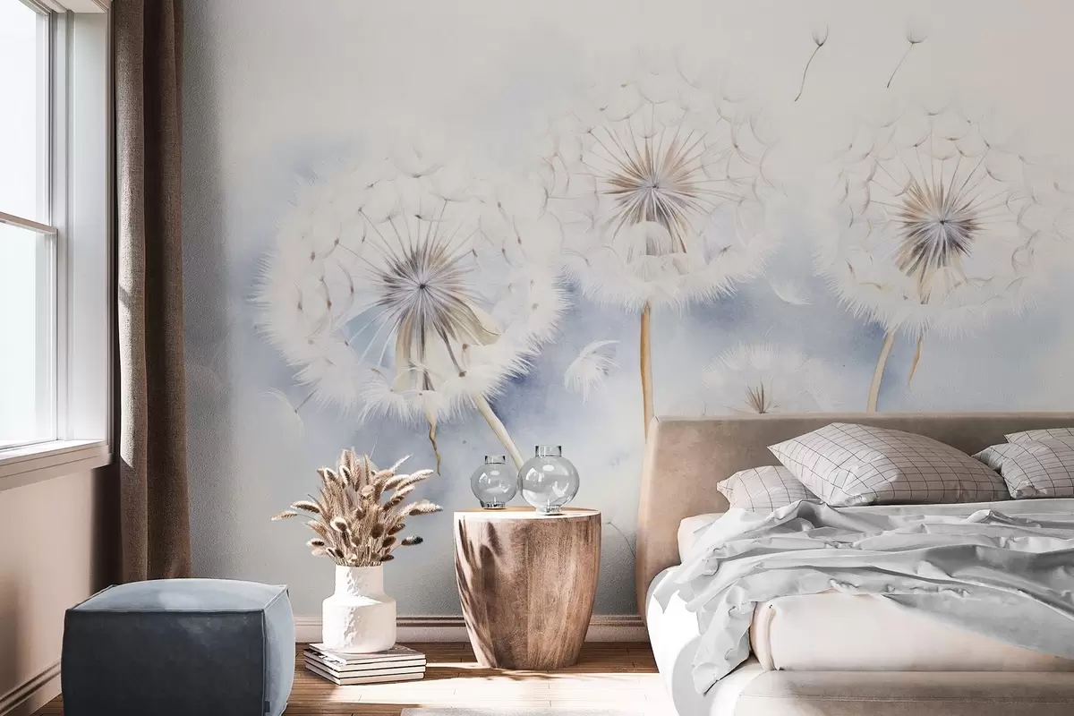 Fototapetes Teksturētas pienenes ar gaisā peldošām sēklām, gaiši zils un balts fons, maigs, smalks zīmēšanas stils w09190