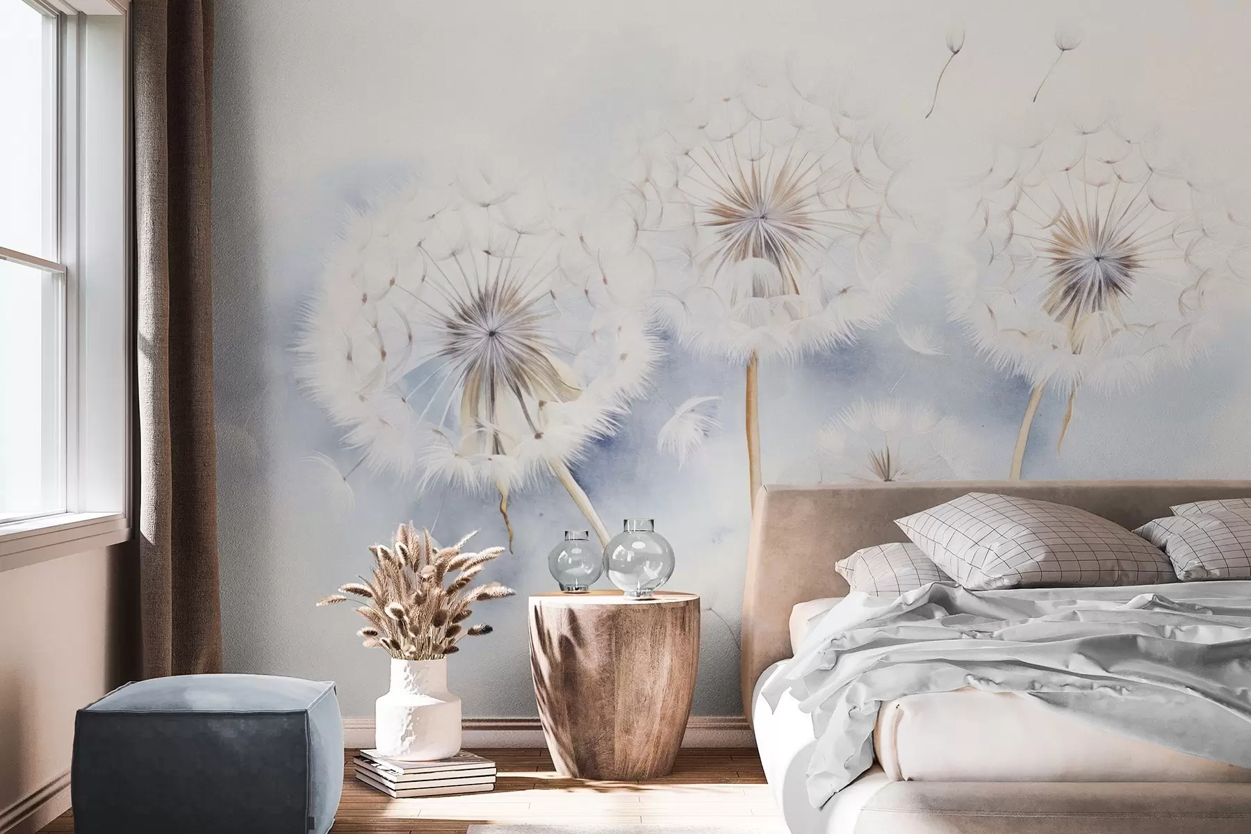 Fototapetes Teksturētas pienenes ar gaisā peldošām sēklām, gaiši zils un balts fons, maigs, smalks zīmēšanas stils w09190