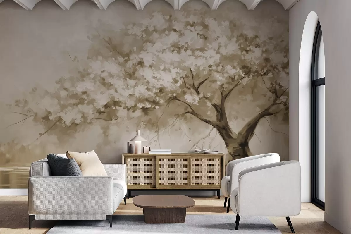 Fototapetes Abstrakts bēšs ziedu koks pilnā ziedēšanas laikā, blakus upei, mīksti fakturēti triepieni ar otu un pasteļtoņi w09193v1