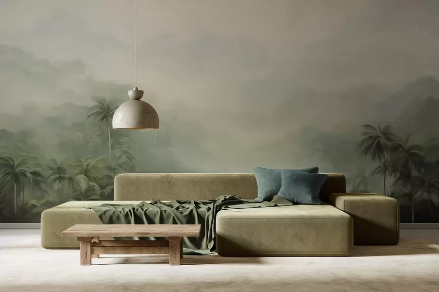 Fototapetes Gungle ainava ar sulīgi zaļām palmām un pauguriem, maigas pasteļkrāsas, teksturēta glezniecības imitācija w09194