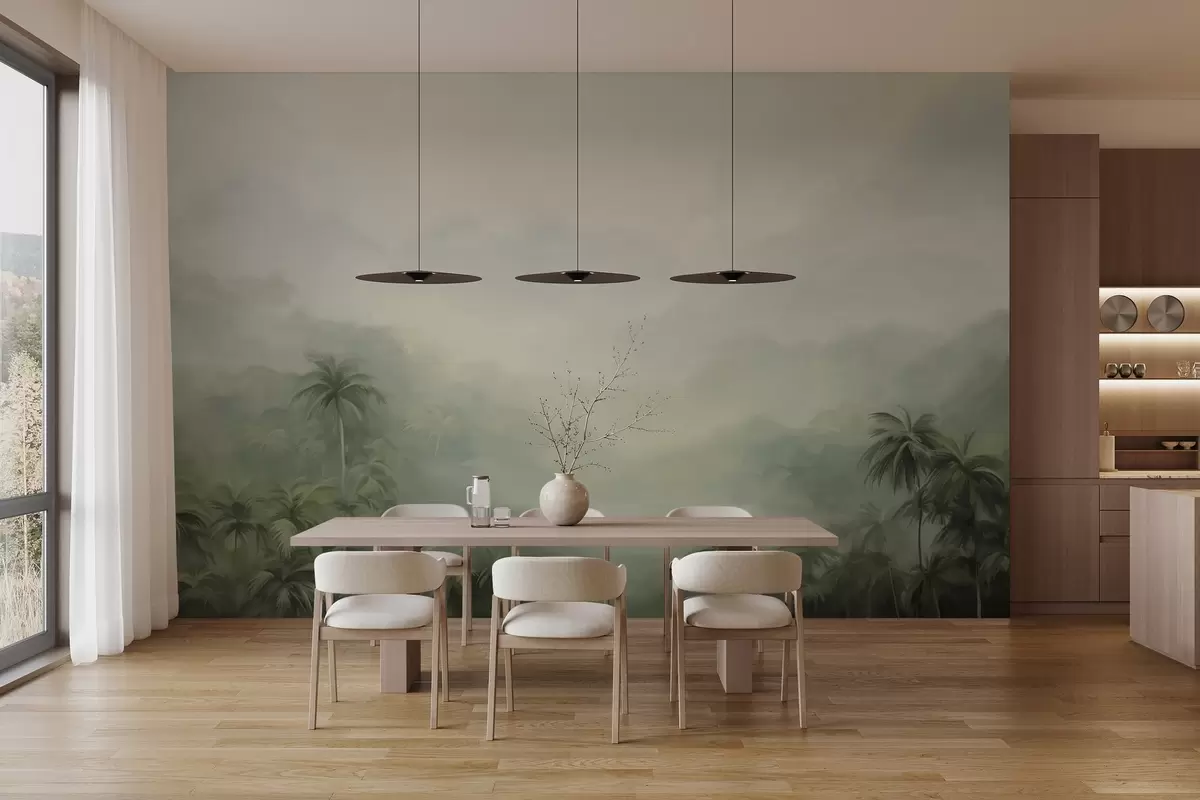 Fototapetes Gungle ainava ar sulīgi zaļām palmām un pauguriem, maigas pasteļkrāsas, teksturēta glezniecības imitācija w09194