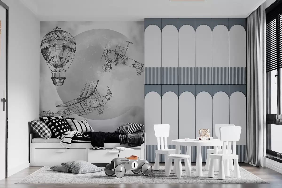 Fototapetes Retro lidmašīnas uz mēness un mākoņu fona w04085