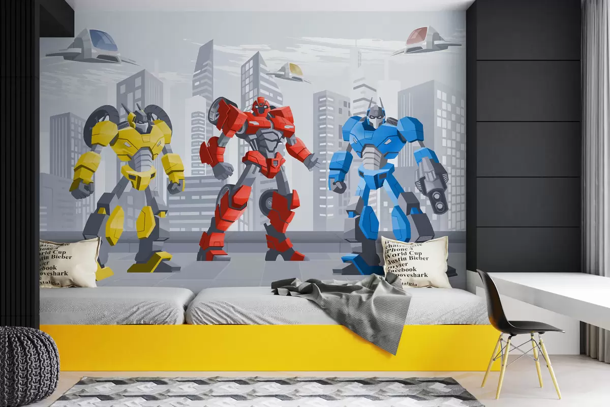 Fototapetes Transformatoru roboti uz melnbaltās pilsētas fona w04012