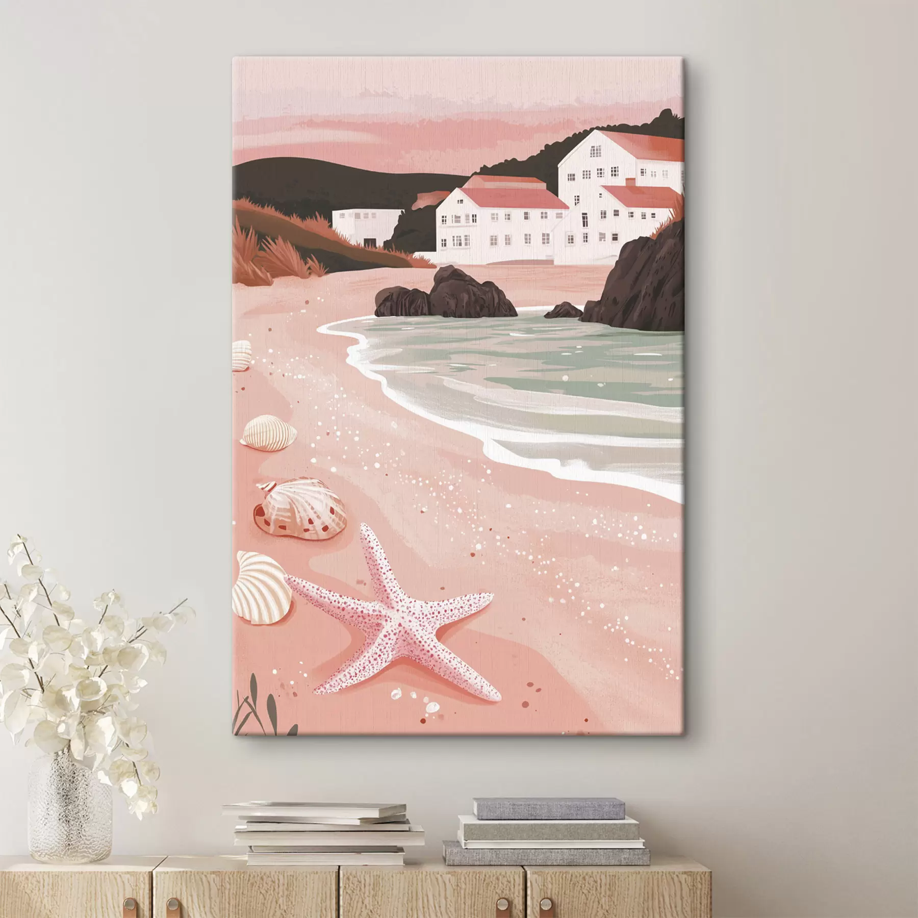 Glezna Mājīga rozā pludmale ar baltām mājiņām un jūras gliemežvākiem  s44713