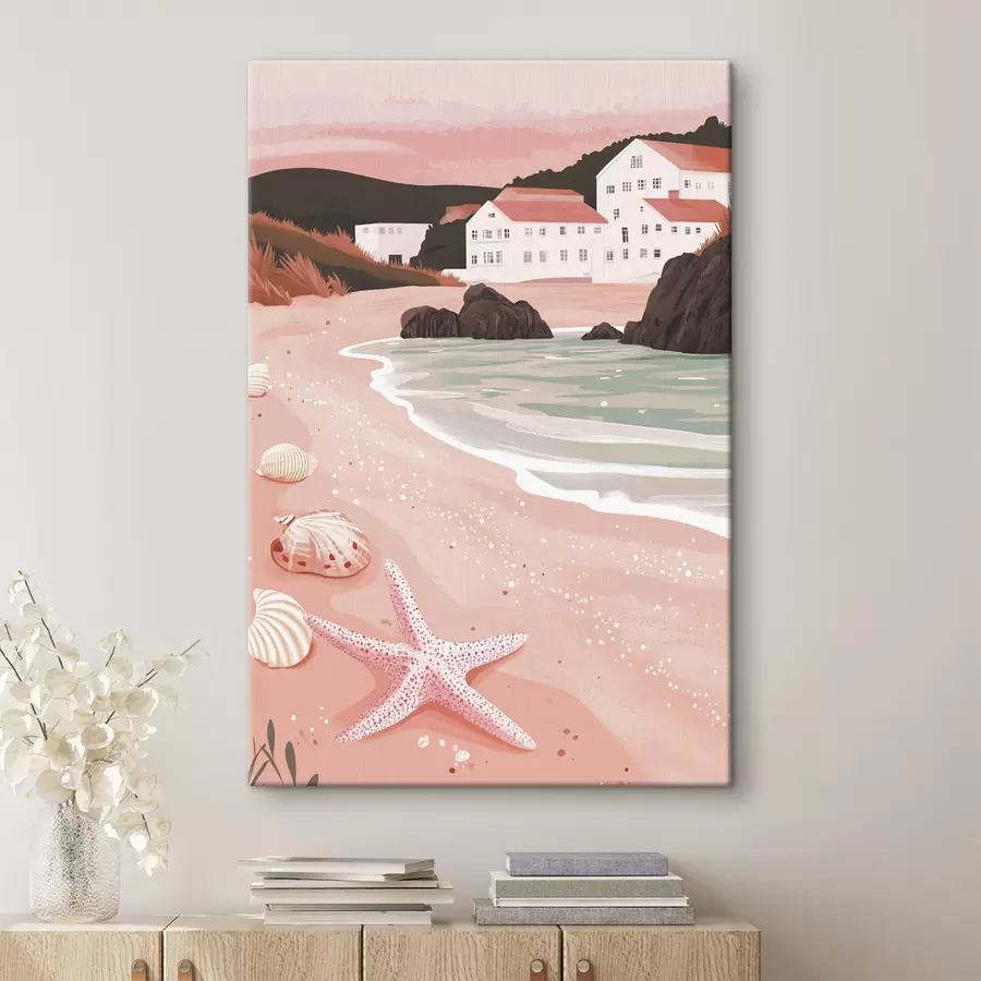 Glezna Mājīga rozā pludmale ar baltām mājiņām un jūras gliemežvākiem  s44713
