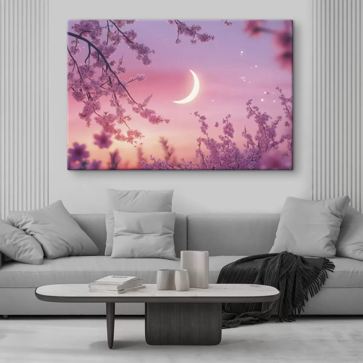 Glezna Ķiršu ziedi, rozā debesis ar mirdzošu mēnesi, reālisms s44715