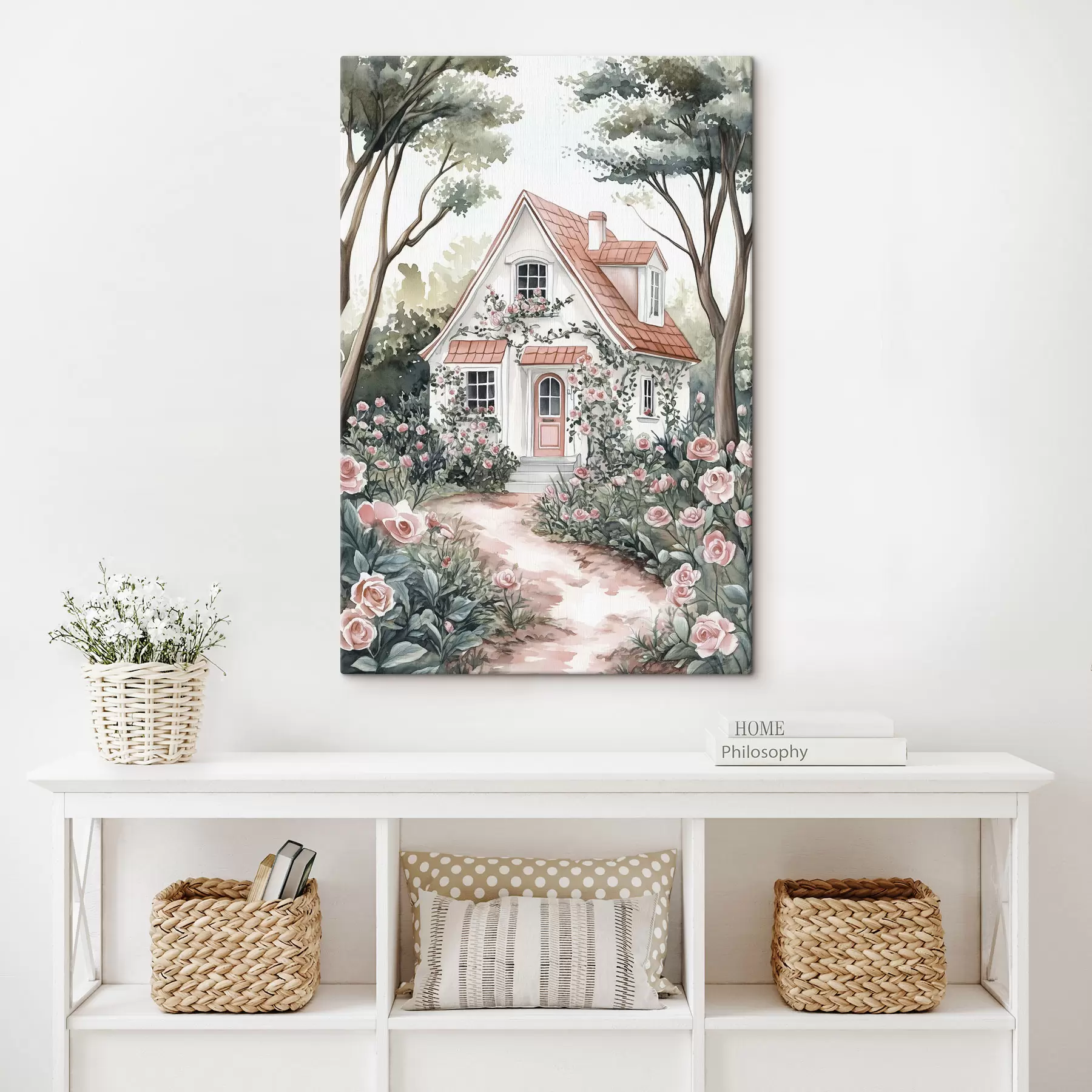 Glezna Baltā māja ar rožu dārzu mežā s44716