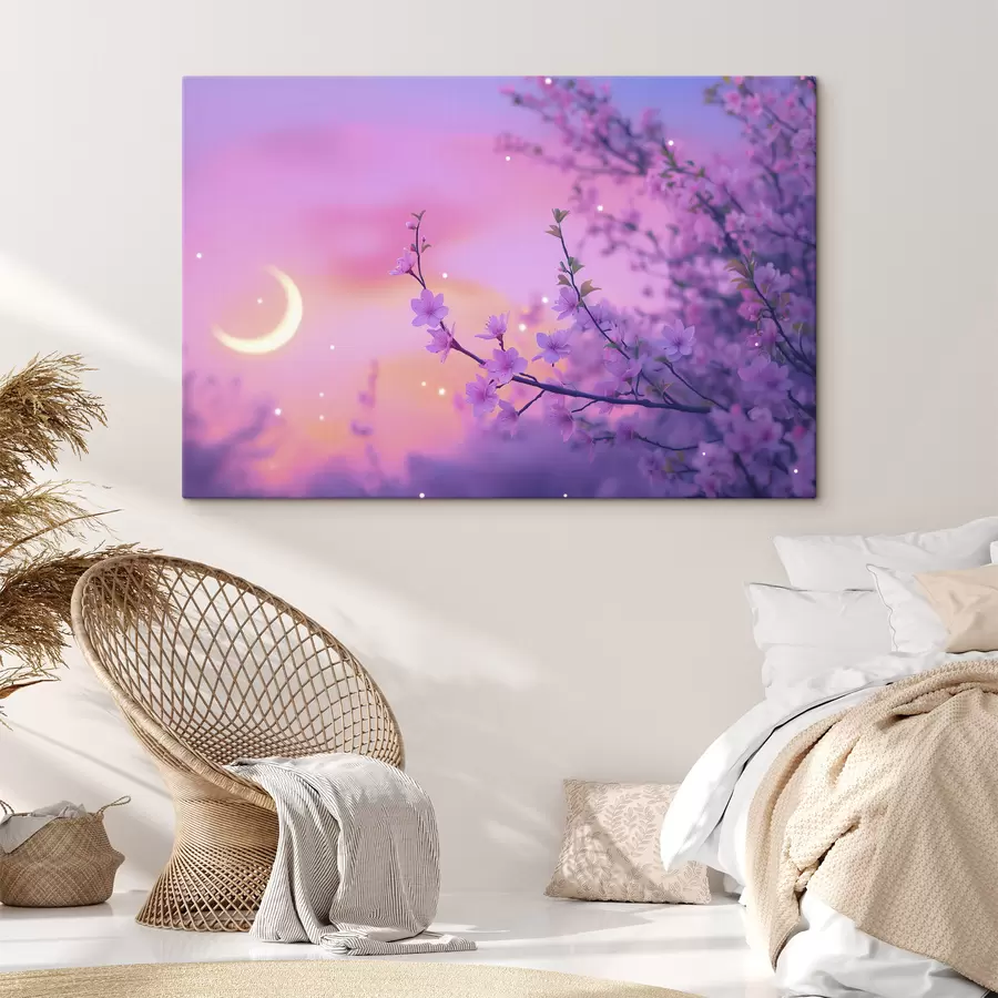 Fototapetes Violetas debesis ar mēnesi un ķiršu kokiem s44717