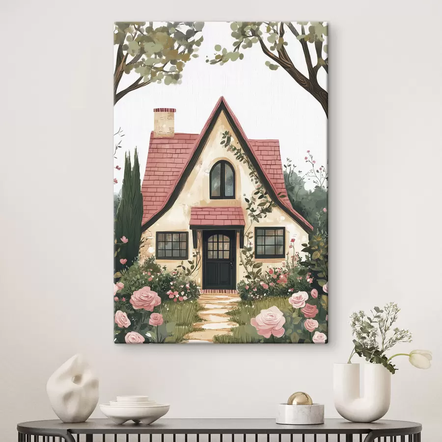 Glezna Pasaku māja mežā, rozes, pasteļstils s44718