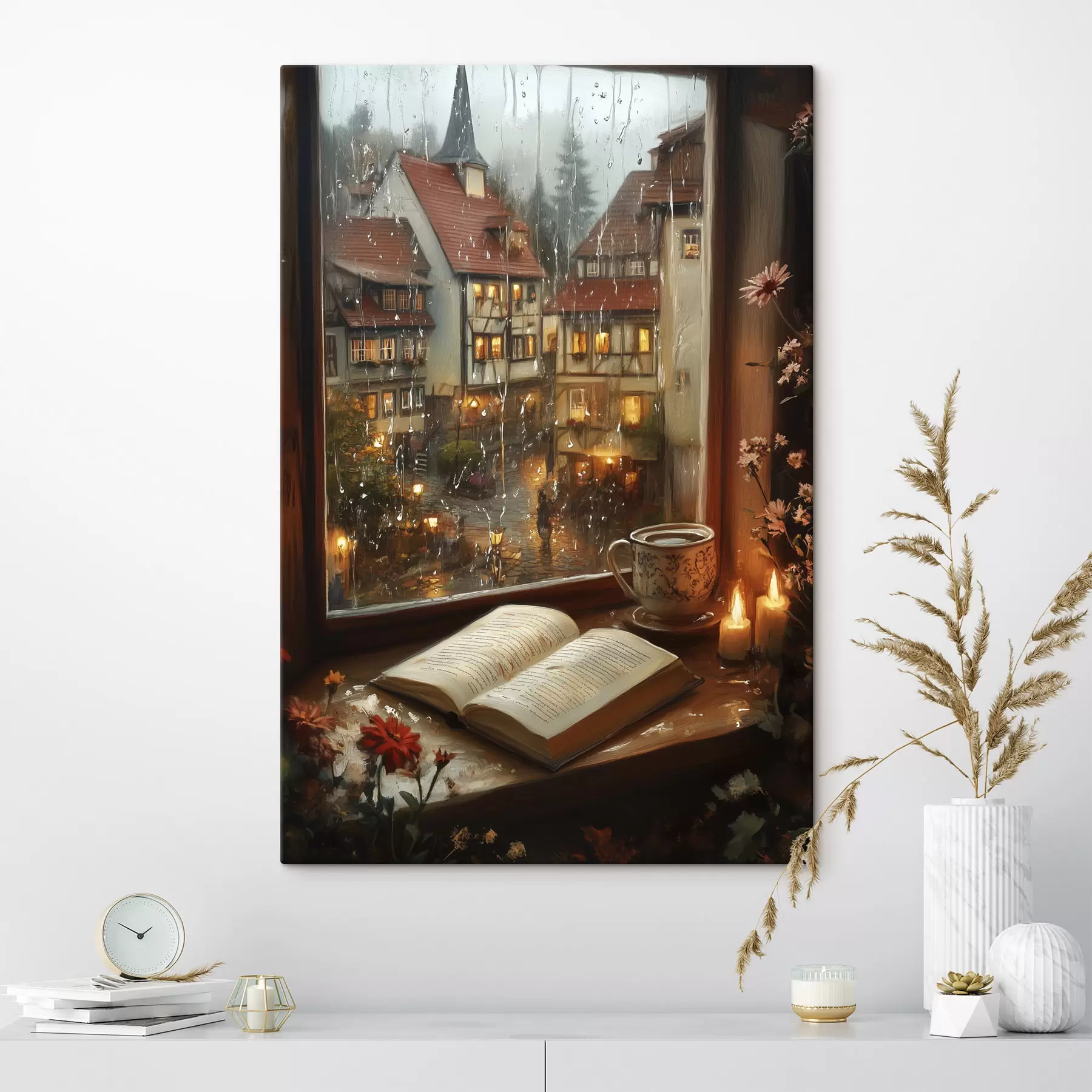 Fototapetes Grāmata uz palodzes, sveces, lietaina diena, mājīgs s44722