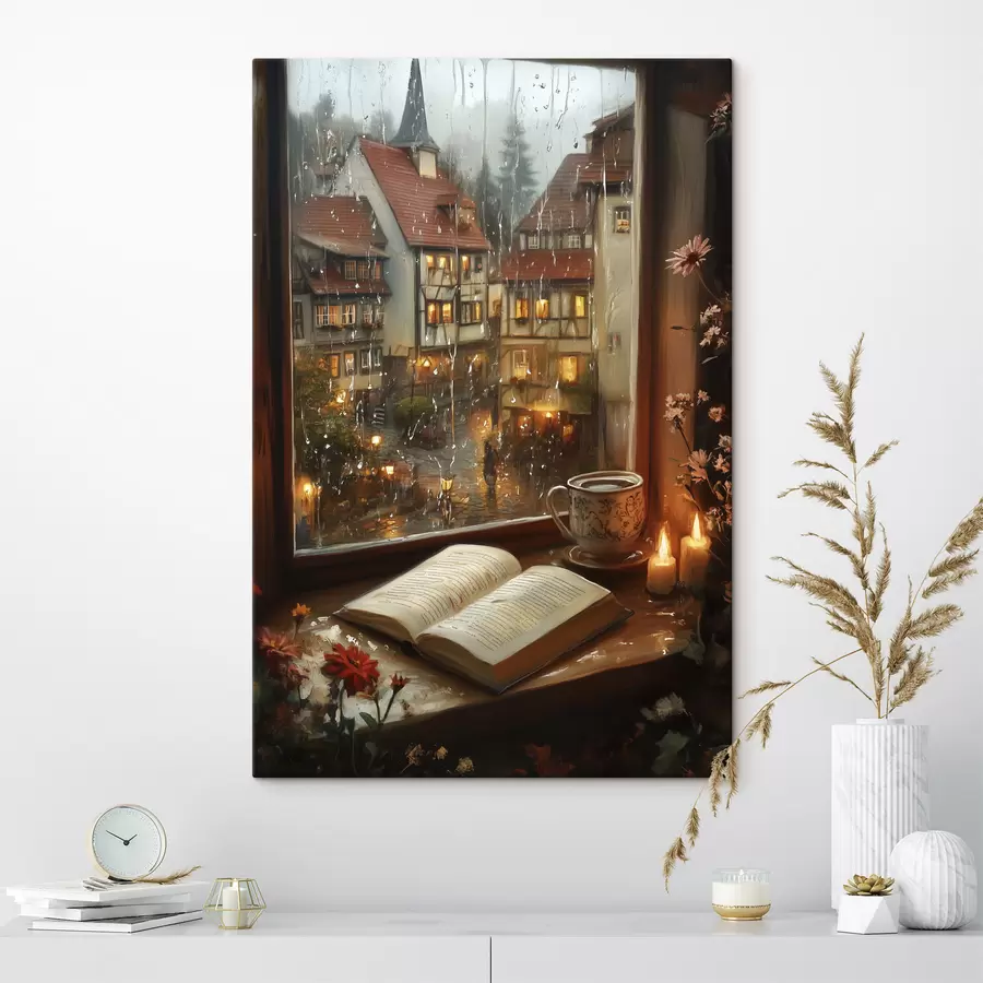 Glezna Grāmata uz palodzes, sveces, lietaina diena, mājīgs s44722