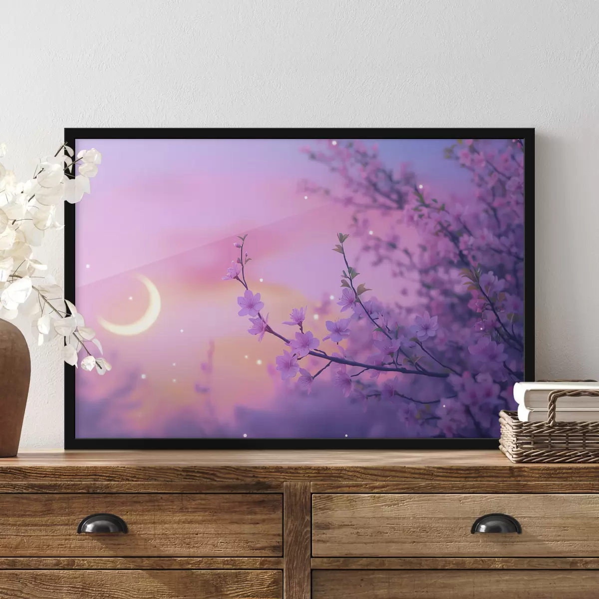 Plakāts Violetas debesis ar mēnesi un ķiršu kokiem f44717