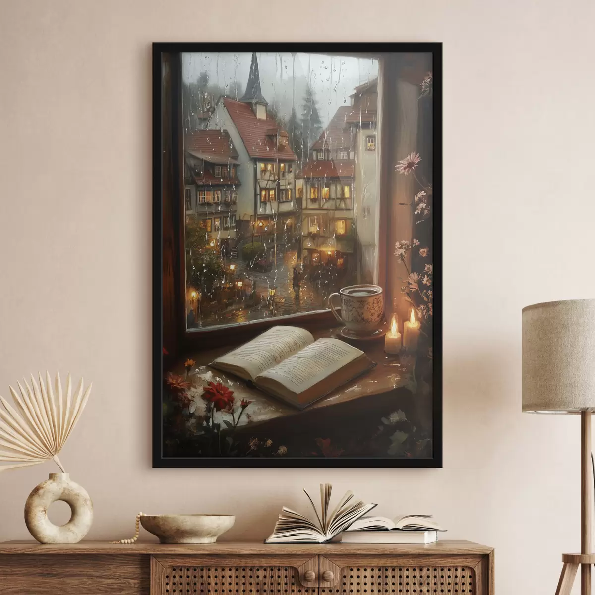 Plakāts Grāmata uz palodzes, sveces, lietaina diena, mājīgs f44722