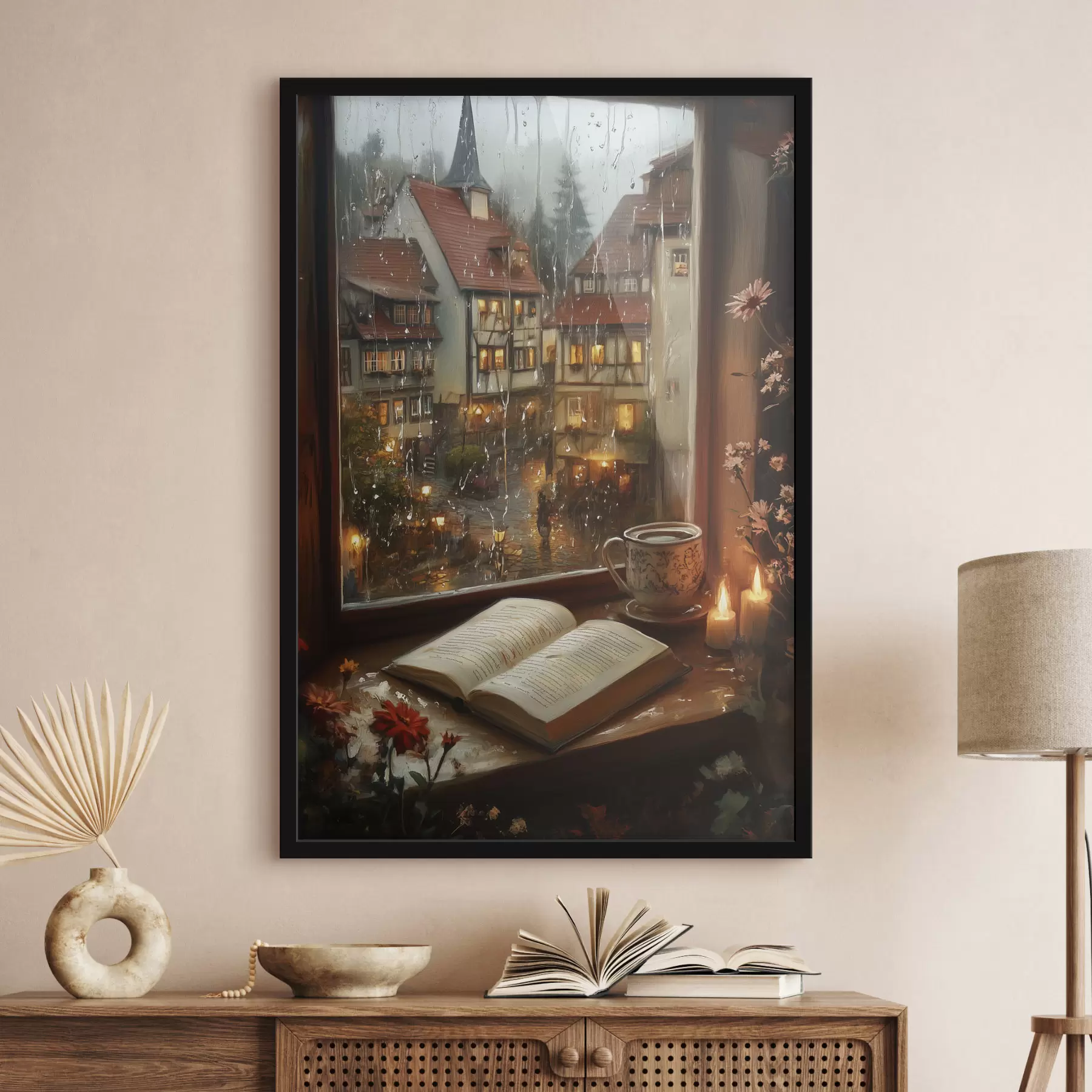 Glezna Grāmata uz palodzes, sveces, lietaina diena, mājīgs f44722