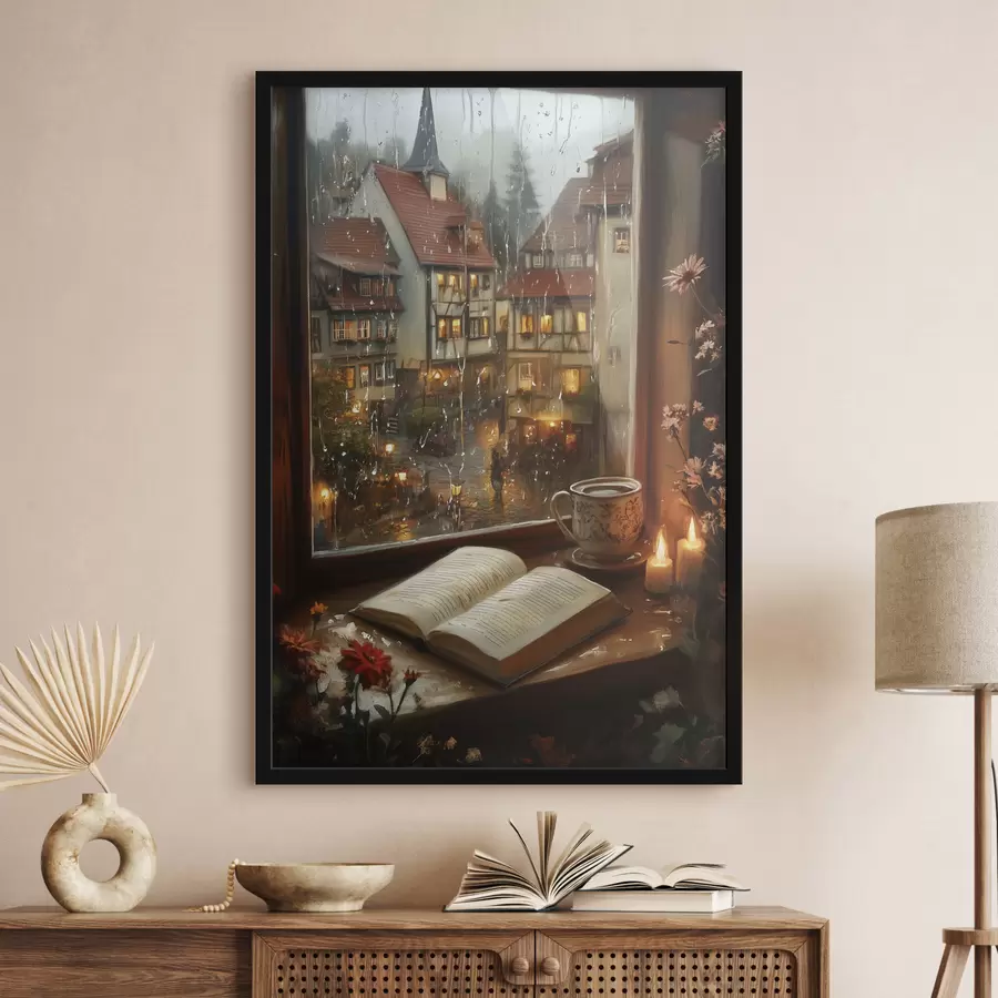 Fototapetes Grāmata uz palodzes, sveces, lietaina diena, mājīgs f44722
