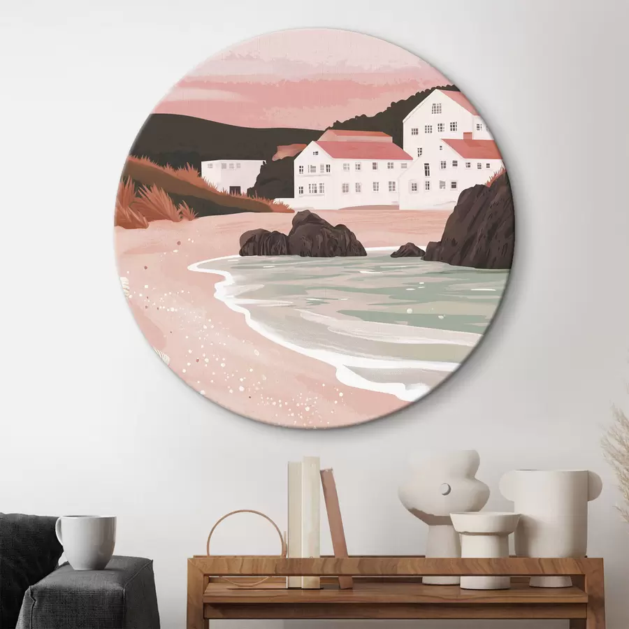 Glezna Mājīga rozā pludmale ar baltām mājiņām un jūras gliemežvākiem r44713