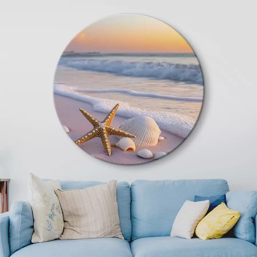 Glezna Jūras piekraste ar jūras zvaigznēm, gliemežvākiem un viļņiem r44714