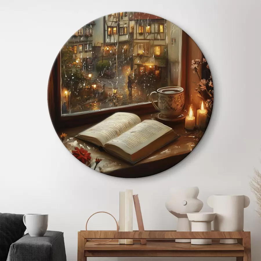 Fototapetes Grāmata uz palodzes, sveces, lietaina diena, mājīgs r44722