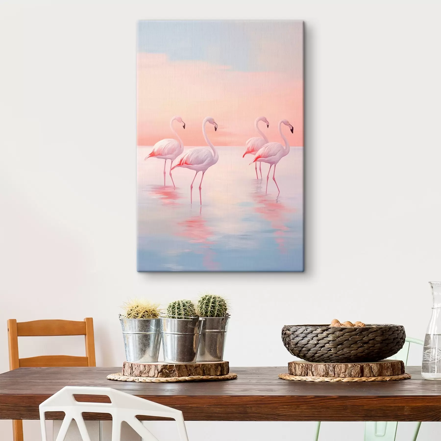 Glezna Flamingi seklā ūdenī saulrieta laikā s44732