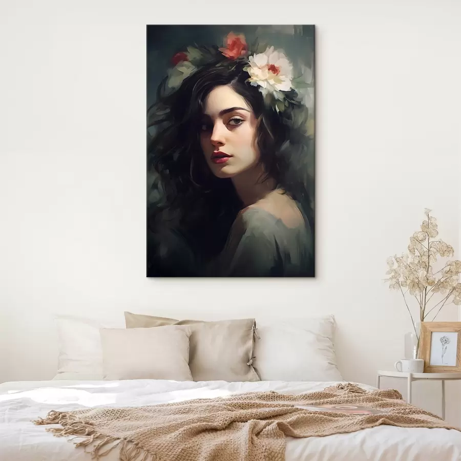 Glezna Tumšmataina sieviete ar ziedu vainagu s44762