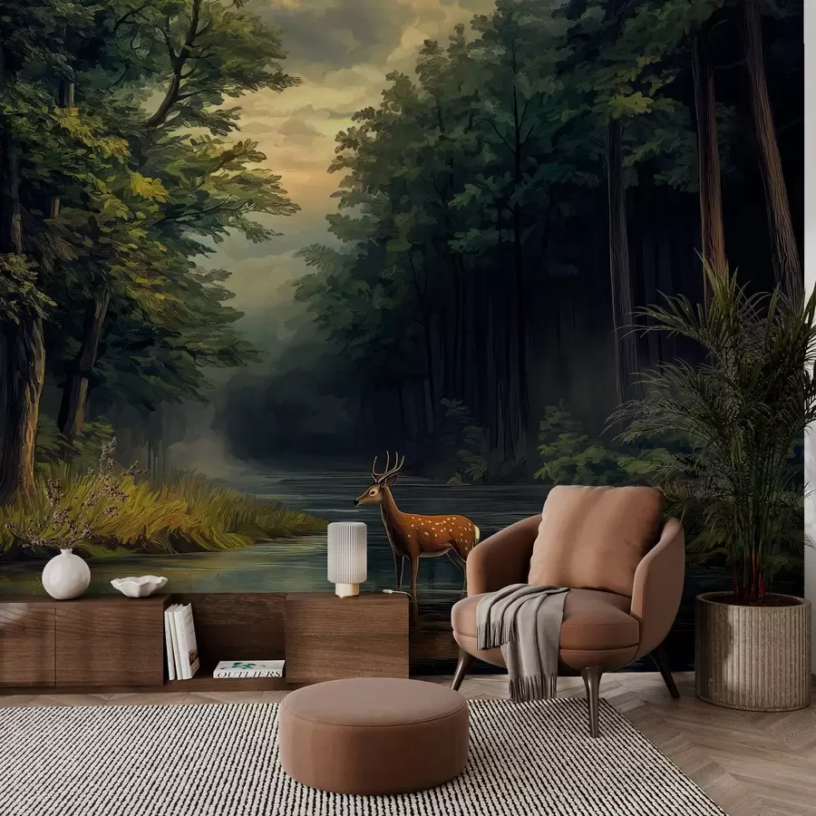 Fototapetes Mežs ar briežiem un upi holandiešu eļļas glezniecības stilā w04072