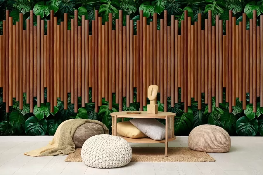 Fototapetes Koka paneļu un zaļas sienas imitācija w04138