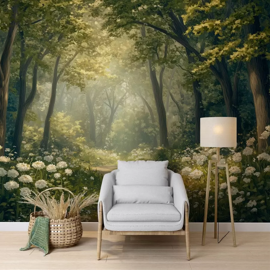 Fototapetes Ceļš zaļā mežā, balti ziedi, saules gaisma, akrila stila zīmējums w04119