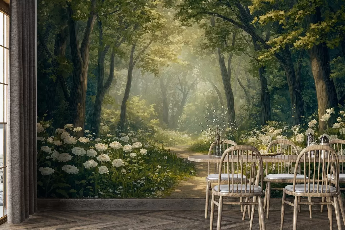 Fototapetes Ceļš zaļā mežā, balti ziedi, saules gaisma, akrila stila zīmējums w04119