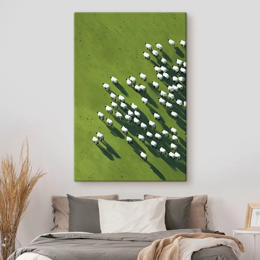 Glezna Zaļš lauks ar aitu ganāmpulku, abstrakcija, skats no gaisa s44793