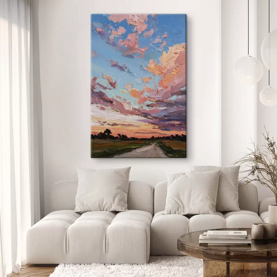 Glezna Saulrieta debesis, ceļš laukā, spilgti triepieni ar otu, eļļas stila imitācija  s44795