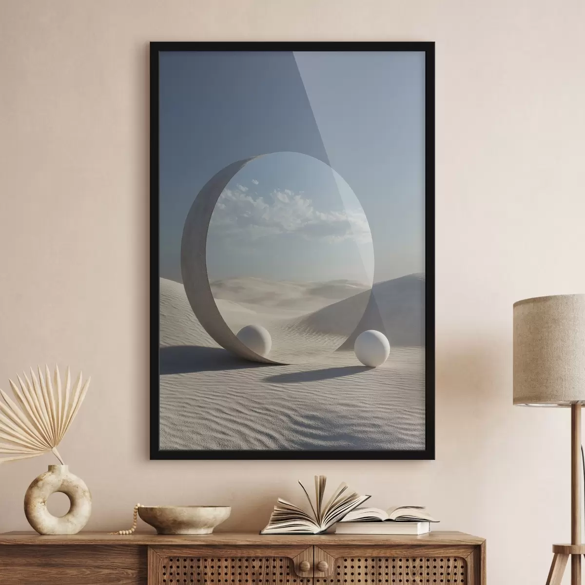 Plakāts Sirreāla tuksneša ainava ar apaļu spoguli, kas atspoguļo debesis un mēnesi f44792