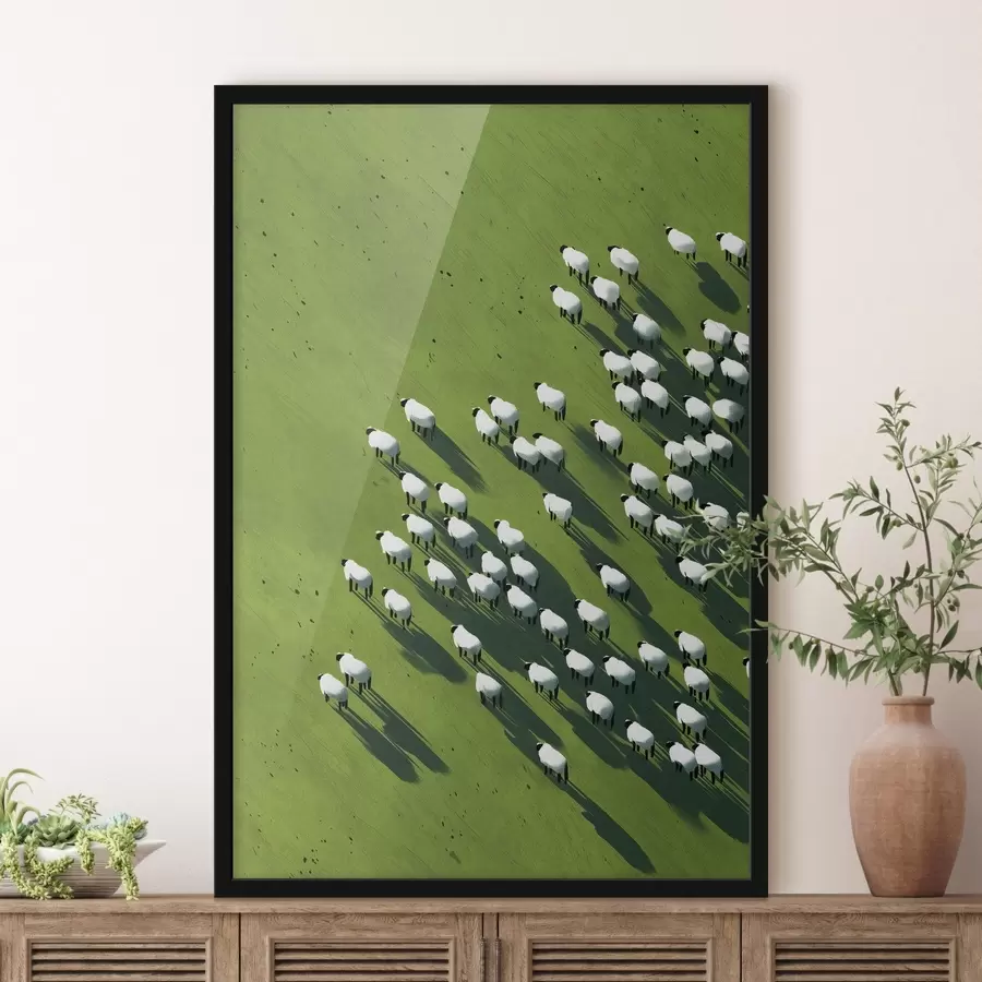 Fototapetes Zaļš lauks ar aitu ganāmpulku, abstrakcija, skats no gaisa f44793