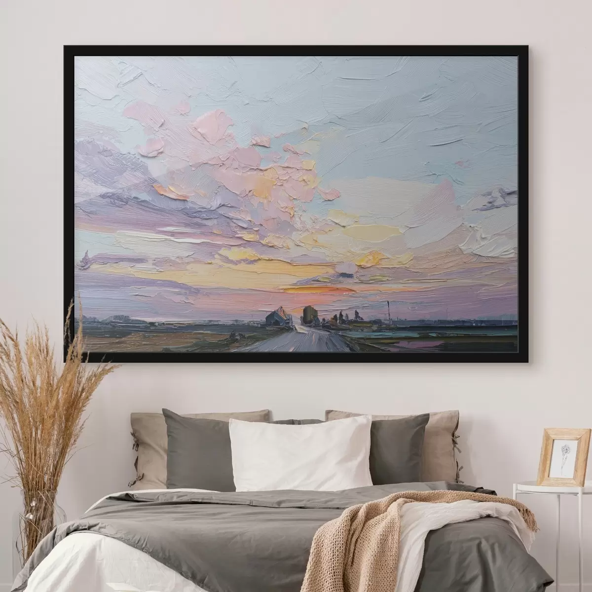 Plakāts Lauku ainavas eļļas stila zīmējumā, saulriets f44794